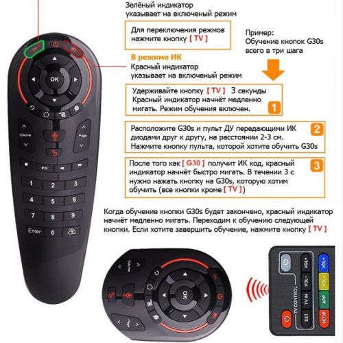 Пульт Air mouse G30s с Микрофоном, Гироскопом, и 33 обучаемыми кнопками. 