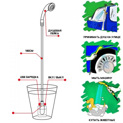 Походный переносной душ с аккумулятором Portable Outdoor Shower