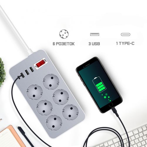 Удлинитель-Переноска с 6 розетками, 3 USB Портами и 1 TYPE-C Портом Power Strip